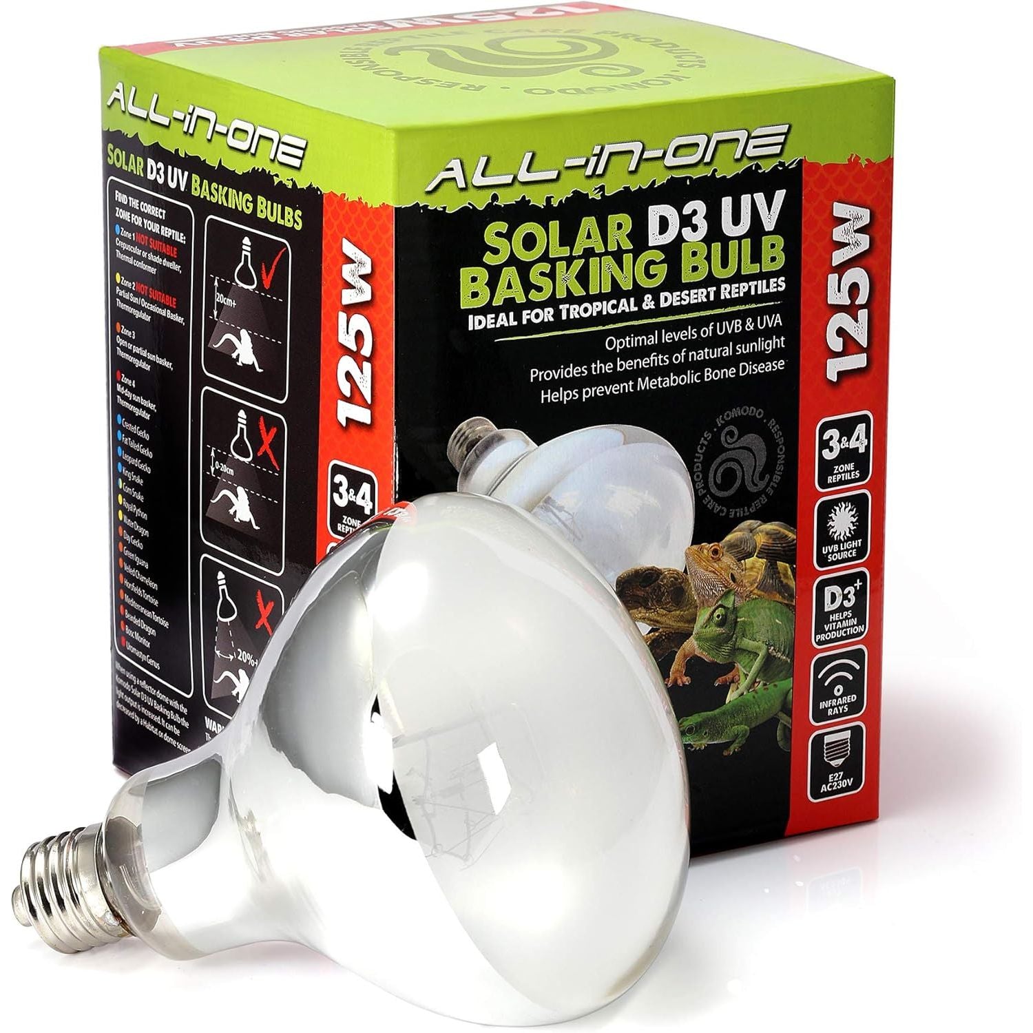 Komodo Solar D3 UV Basking Bulb Heat and Light Bulb 125W