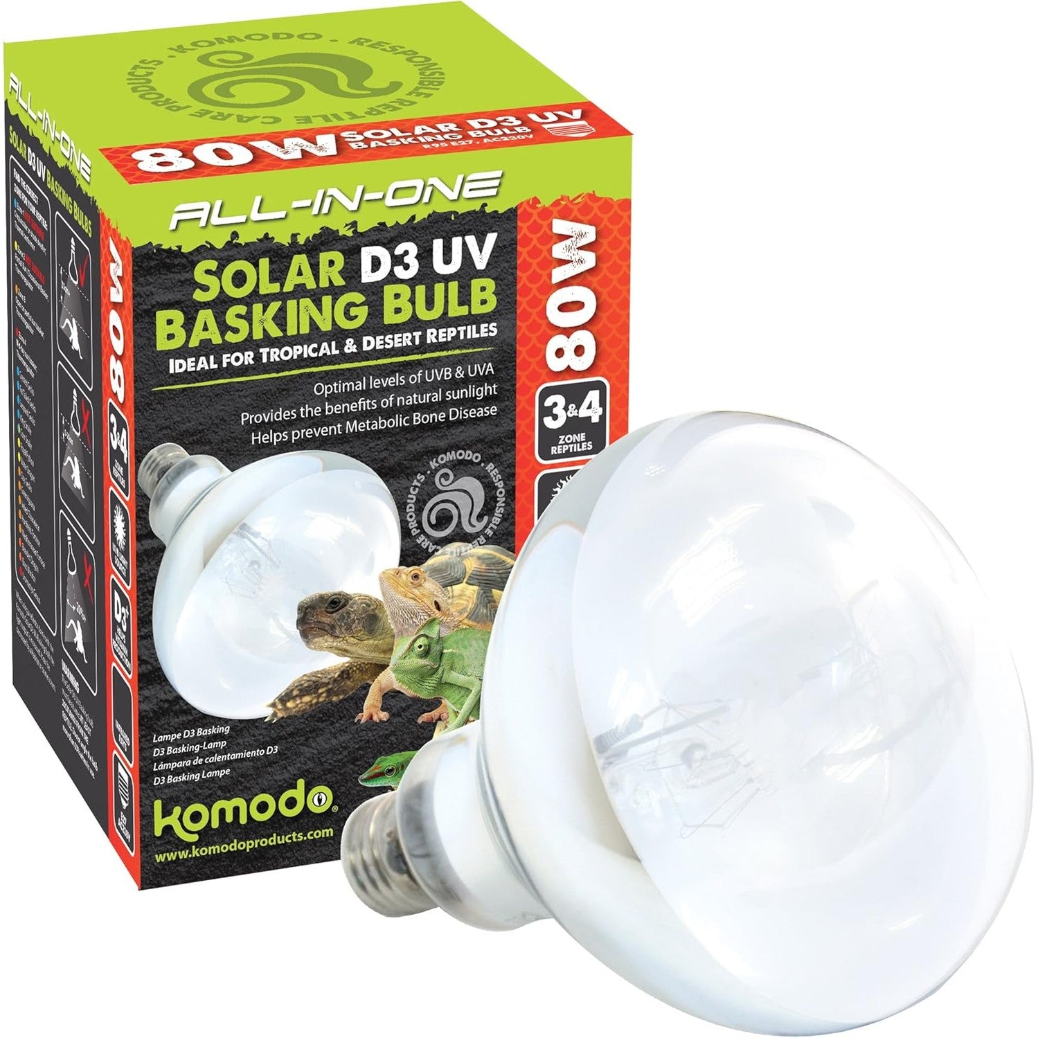 Komodo Solar D3 UV Basking Bulb Heat and Light Bulb 80W